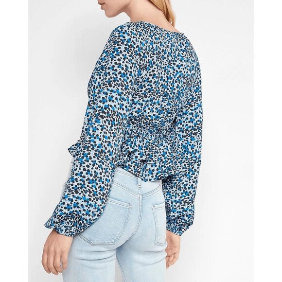 Express Blue Floral Long-Sleeve Cropped Blouse With Ruched Bust Size Large - Picture 2 of 15
